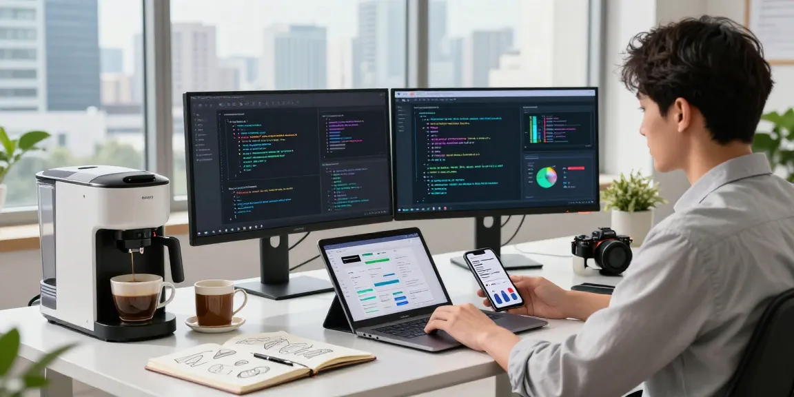 Innovative workspace showcasing AI development tools and a professional engaged with 18+ ai application on dual monitors.