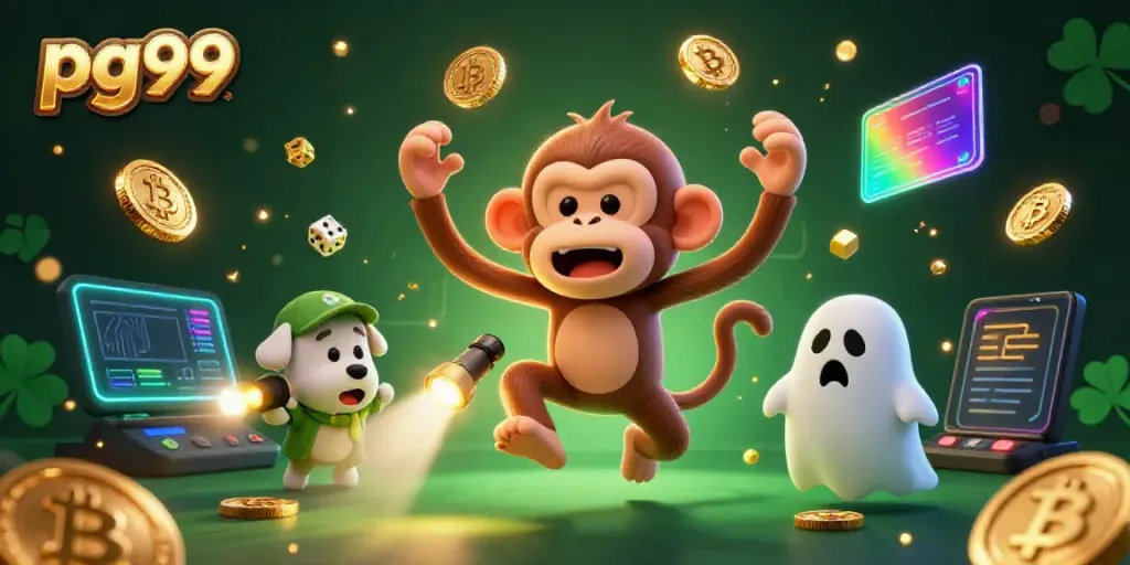 Engage with pg99 as a playful poltergeist monkey juggles golden coins in a haunted casino atmosphere.