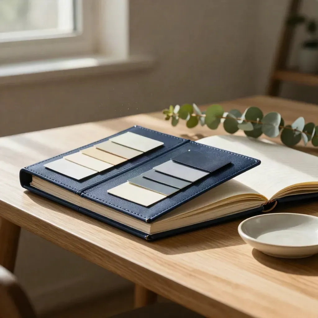 Navy tone-guide binder with swatches, notebook, ceramic dish and eucalyptus in soft light.