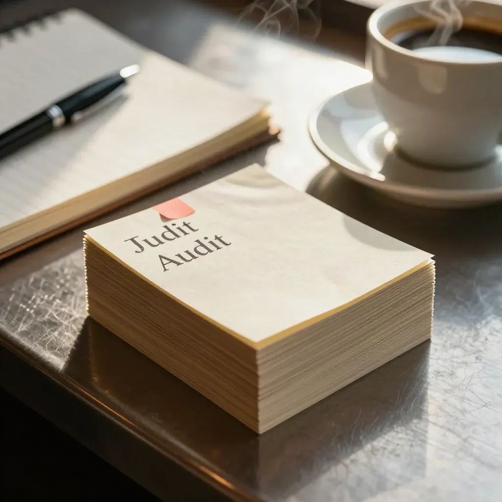 Brand audit note cards, notebook, pen and coffee cup on a café counter with steam and glare.