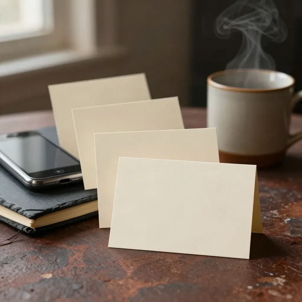 Email flow cards, phone, notebook and steaming mug on dark stone.
