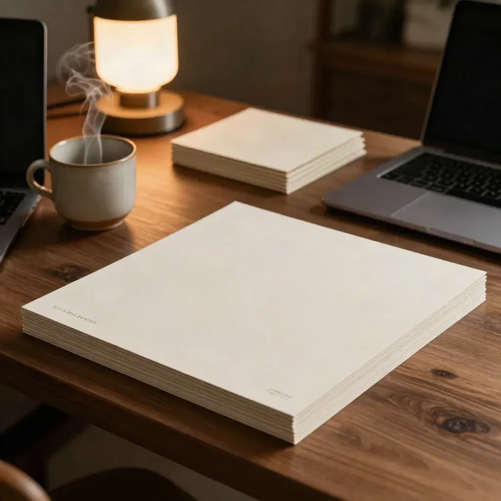Warm table scene with mockups, closed laptop, folded board, and steaming cup