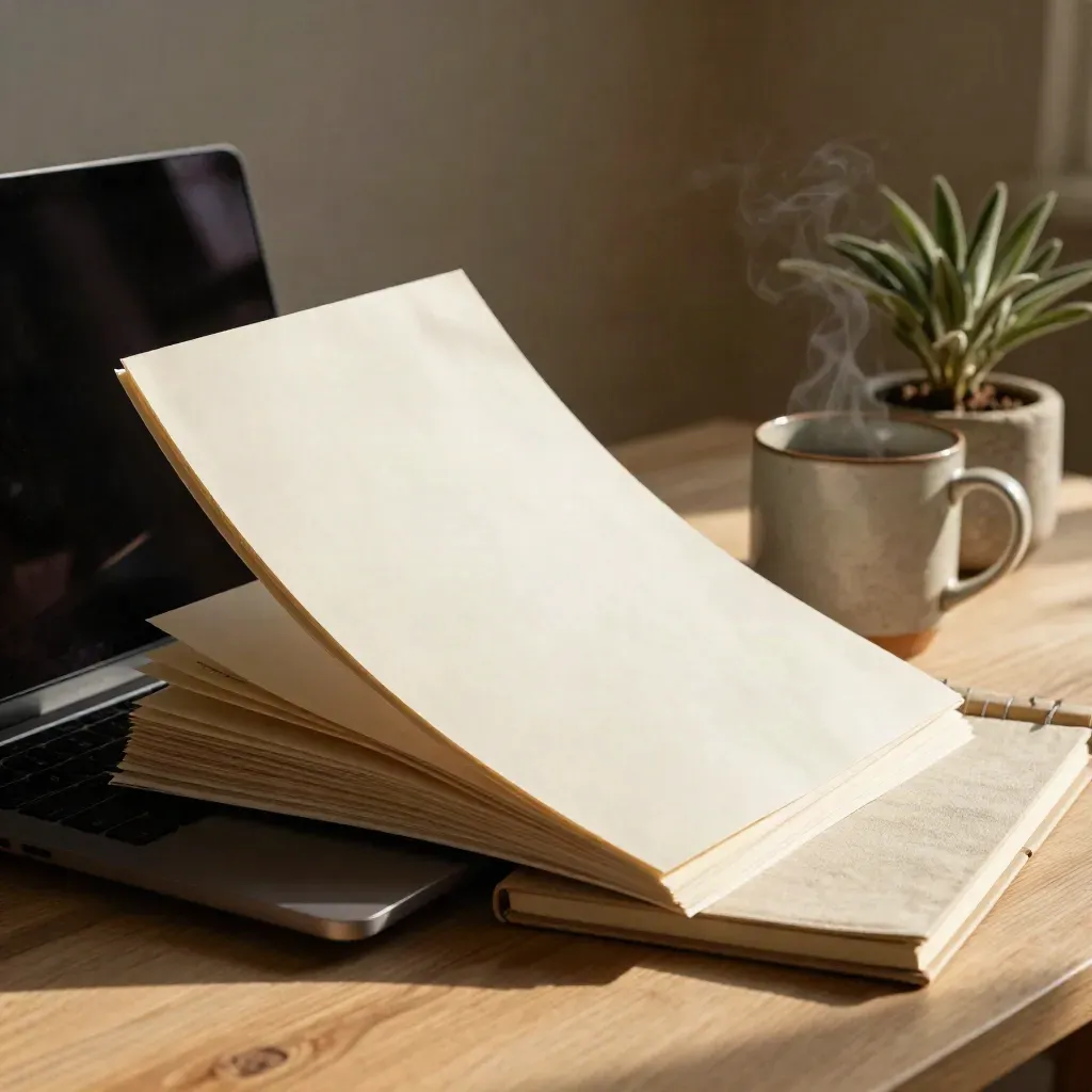 Closed laptop, paper page blocks, notebook, mug and plant in warm sunlight on an oak surface.