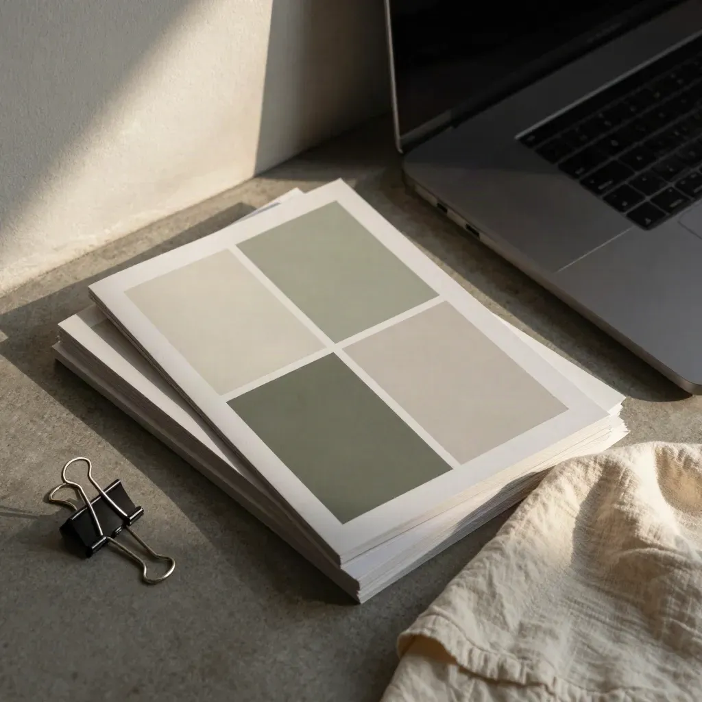 Overhead diagonal of page mockups, closed laptop, cloth and clips on concrete.