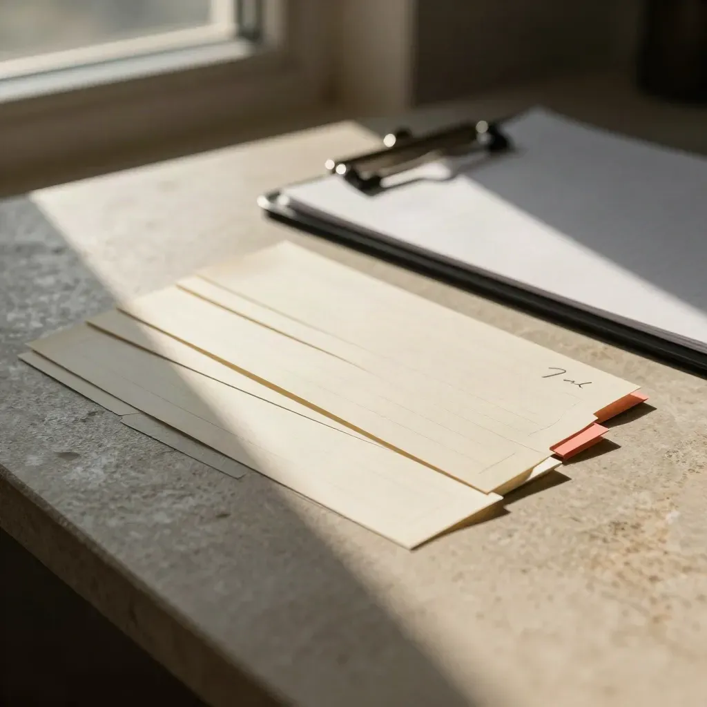 Low oblique tabletop view of tagline strips, clipboard and pencil in moody window light.