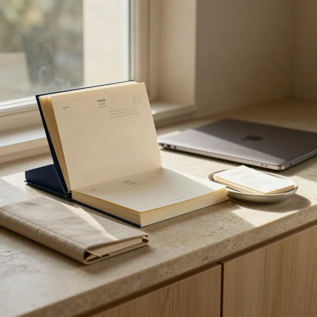Service-menu copy kit with cards, a closed laptop, notebook, and ceramic dish on warm stone.