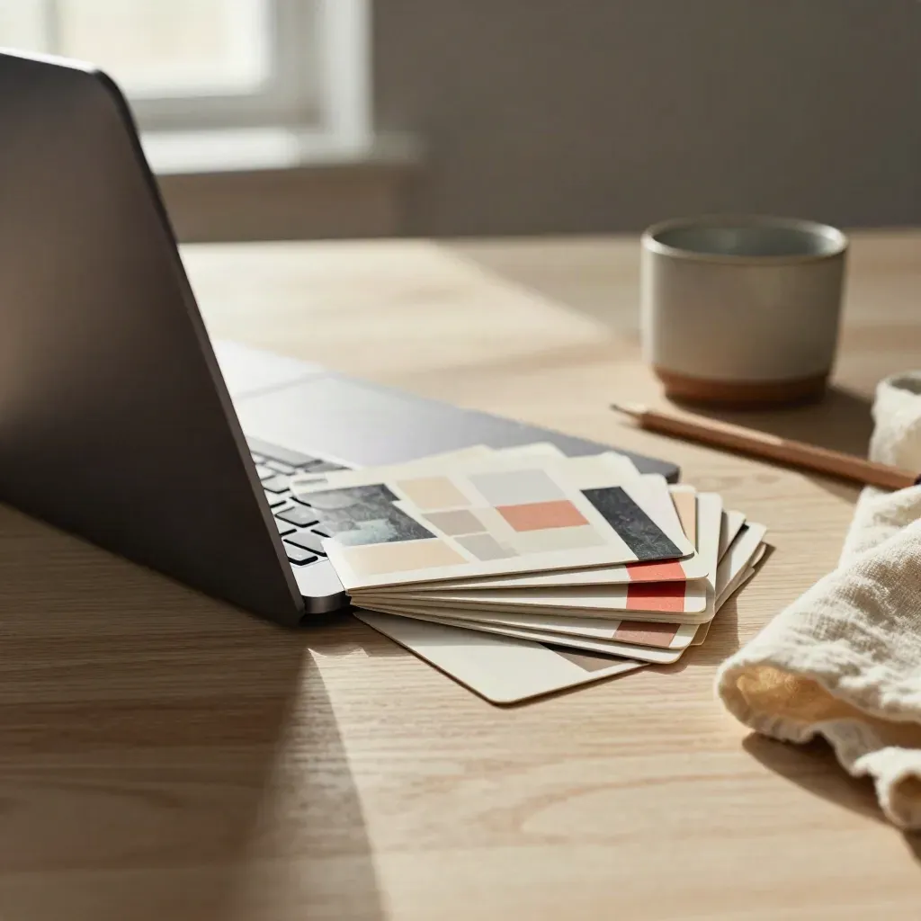 Closed laptop, page-map cards, pencil, cup and cream cloth on pale wood with soft light.