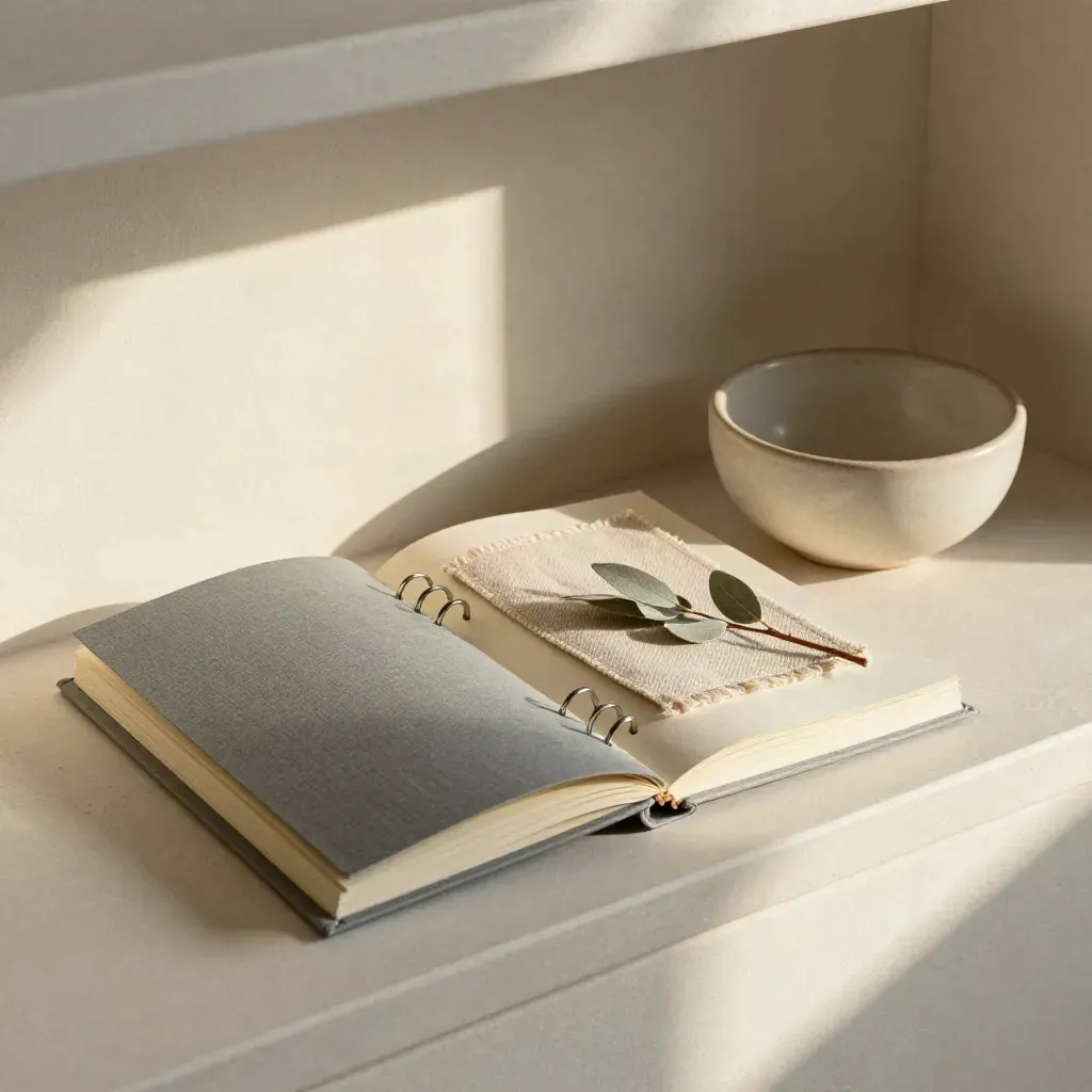 Open ring-bound notebook, fabric swatch, branch and ceramic bowl on a sunlit plaster shelf nook.