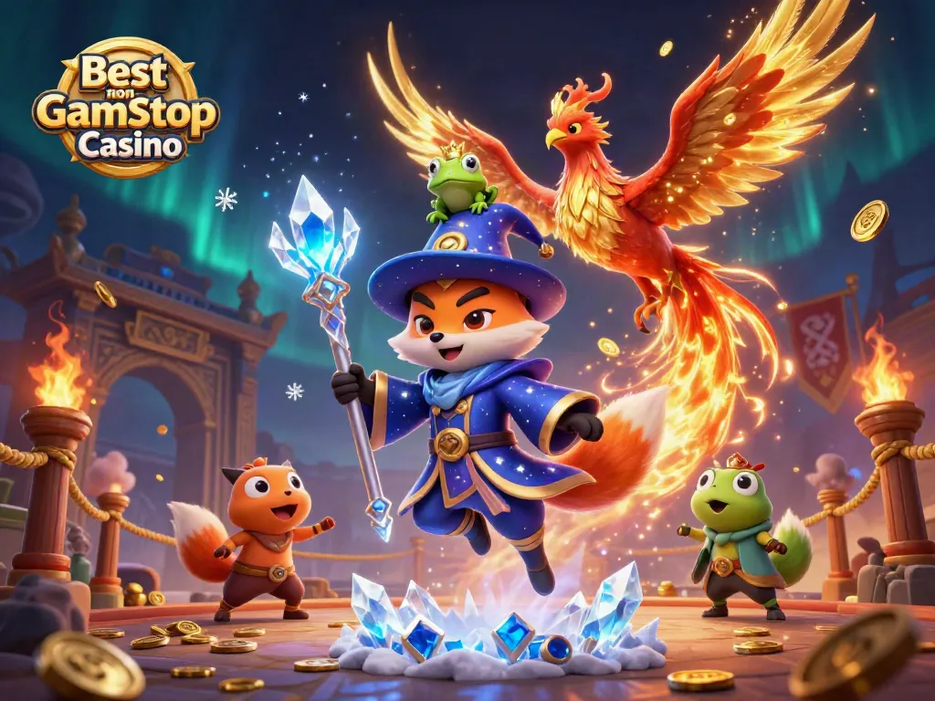 Engage with the Best non Gamstop Casino illustrated in a vibrant magical scene with captivating characters and casino elements.