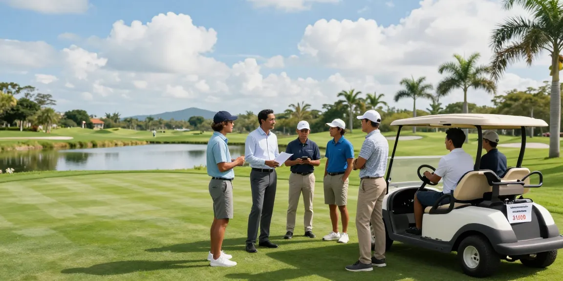 Golf cart financing discussion among golfers at a sunny golf course, highlighting affordable options.
