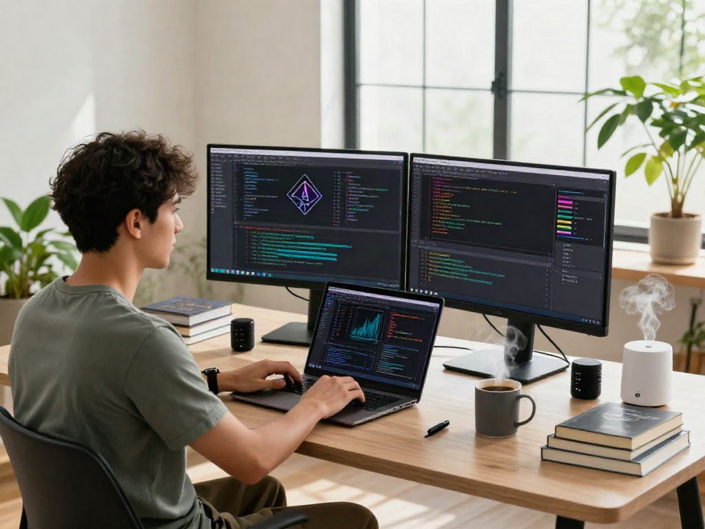 juicy ai development scene with software engineer coding in a bright workspace, showcasing innovative tech.