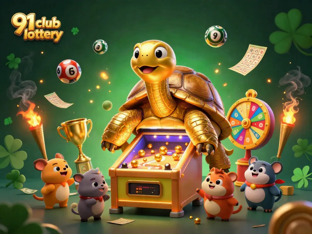 Engage in the exciting 91 club lottery with vibrant elements including colorful lottery balls and prize wheels.