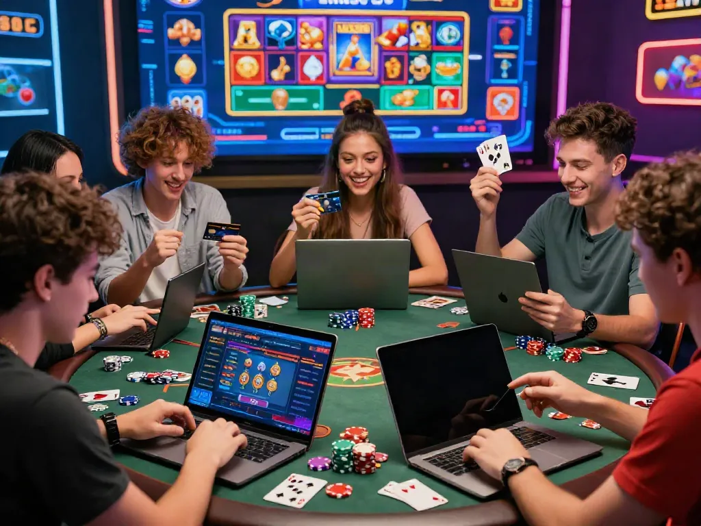 Players enjoying the best credit card casinos on various devices, surrounded by casino elements and vibrant graphics.