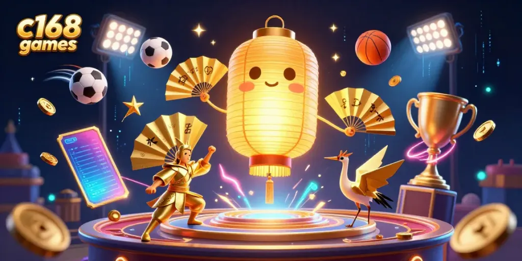 Experience the excitement of c168 games with this vibrant 3D illustration of casino elements and characters.