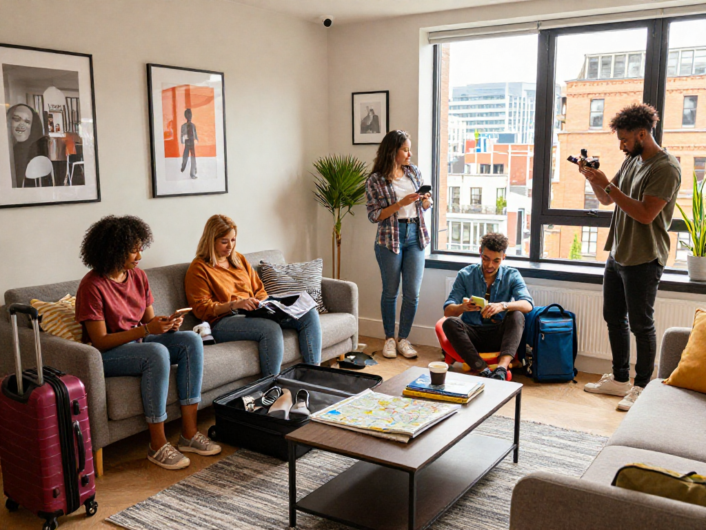 airbnb management manchester scene with guests enjoying stylish accommodation and vibrant city view