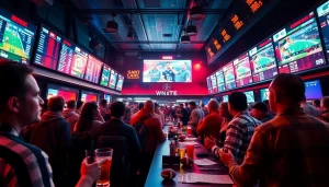 Experience the thrilling atmosphere of sports betting at https://thabetiger.com/ with engaged patrons and vibrant screens.