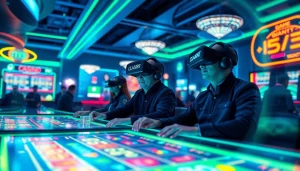 Experience interactive gaming through New Technology in this futuristic casino scene.