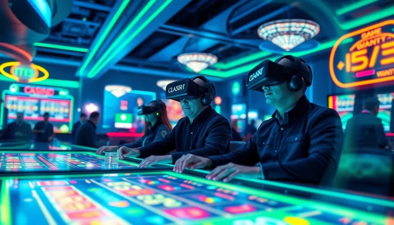 Experience interactive gaming through New Technology in this futuristic casino scene.