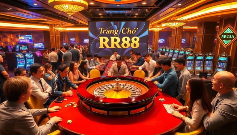 Experience the excitement of gambling at the trang chủ rr88, featuring vibrant casino tables and thrilling players engaged in the game.