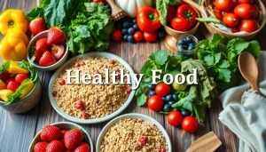 Delicious Healthy Food spread with bright fruits, fresh vegetables, and wholesome grains showcasing vibrant colors.