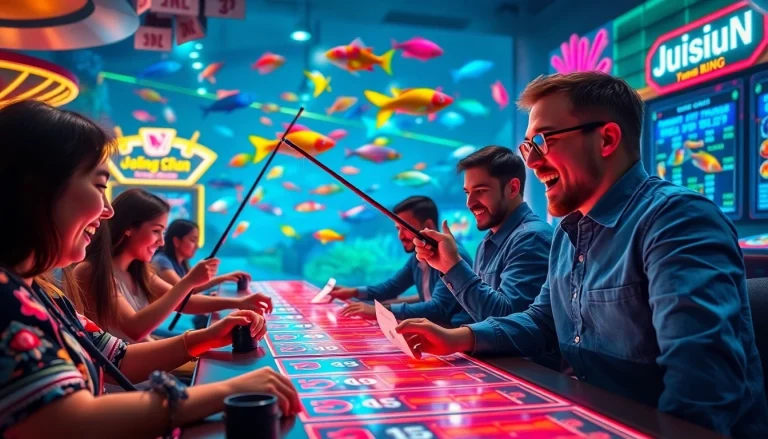 Bắn cá đổi thưởng game with players winning vibrant underwater fish prizes, reflecting excitement in a casino setting.