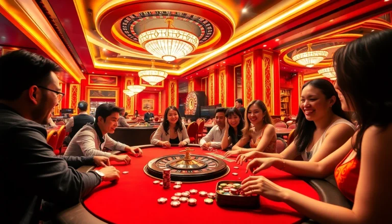 Game bài đổi thưởng action captured at a lively casino poker table with players excitedly engaged in gambling.