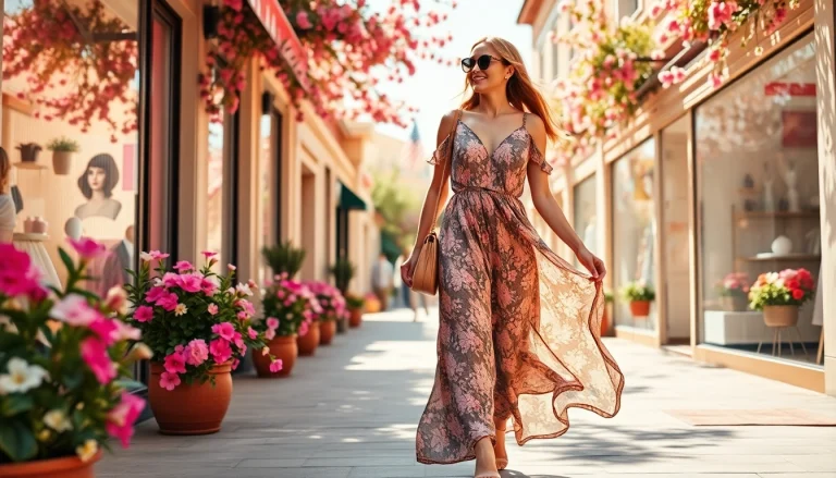 Discover stunning women fashion in a vibrant street scene featuring a stylish woman in a maxi dress.