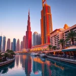 Experience the vibrant atmosphere of Dubai with iconic landmarks during an evening stroll as you travel to Dubai.