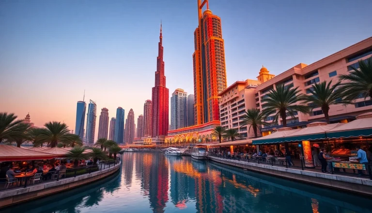 Experience the vibrant atmosphere of Dubai with iconic landmarks during an evening stroll as you travel to Dubai.