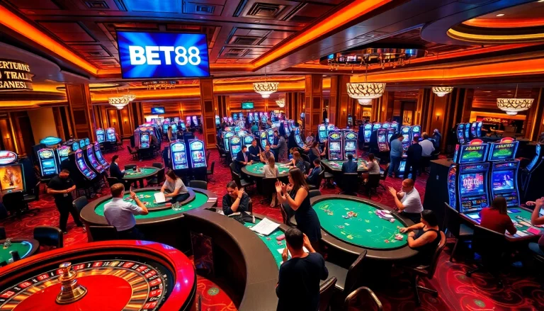 BET88 offers thrilling casino experience with players enjoying poker tables and slot machines in a luxurious setting.