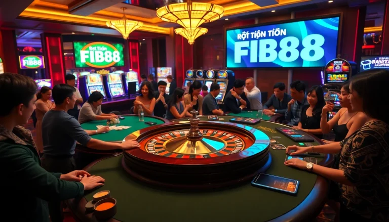 Exciting scene of players engaging in a vibrant casino, highlighting Rút Tiền FB88 as they cash out winnings at the roulette table.