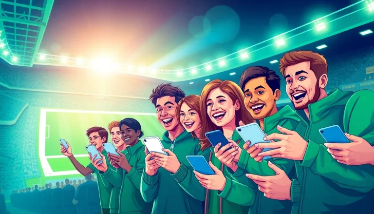 Engaging scene of sports betting enthusiasts using https://ii69vn.com/ to place bets on their mobile devices.