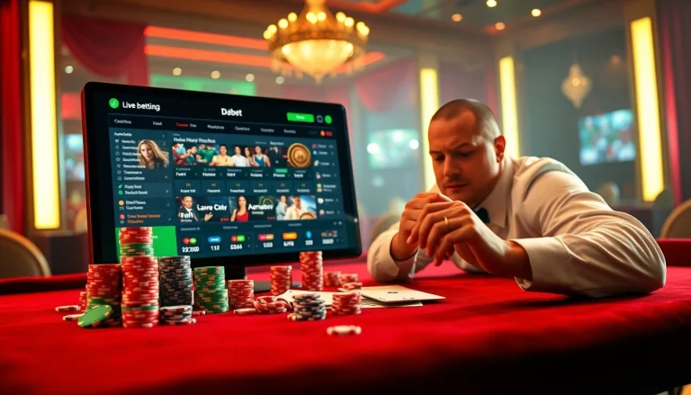 Experience the excitement of nhà cái dabet with a vibrant online casino scene featuring poker chips and live betting.