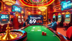 Exciting gameplay at trang chủ 69VN, showcasing a lively online casino with players at roulette and poker tables.