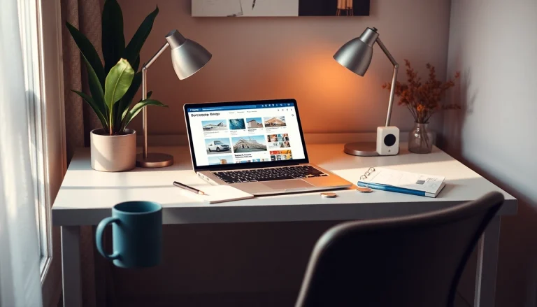 Buying postage stamps online with a cozy home office setup featuring a laptop and colorful stamps.