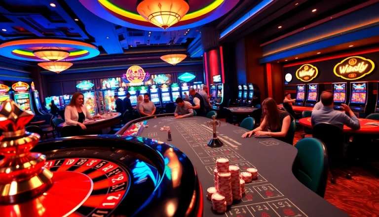 Winsly Casino's exciting gambling environment filled with players at roulette and blackjack tables.