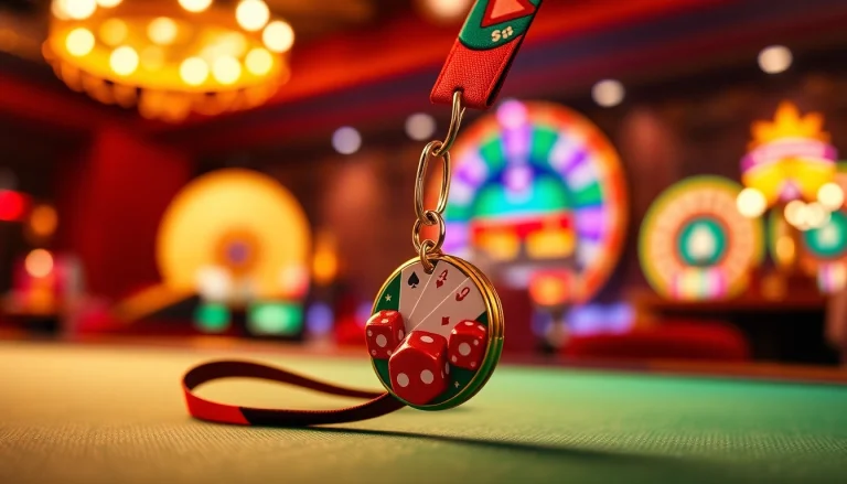 A custom lanyard keychain featured against a casino backdrop, showcasing vibrant designs.