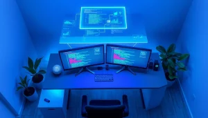 Experience seamless application development with a high-tech workspace overview featuring design tools and code.