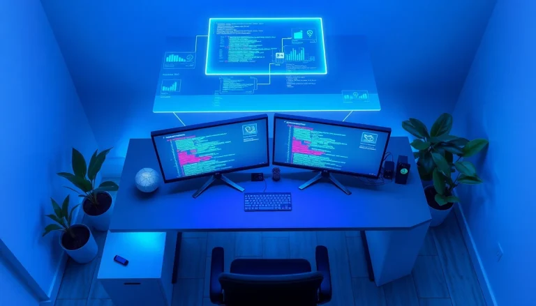 Experience seamless application development with a high-tech workspace overview featuring design tools and code.