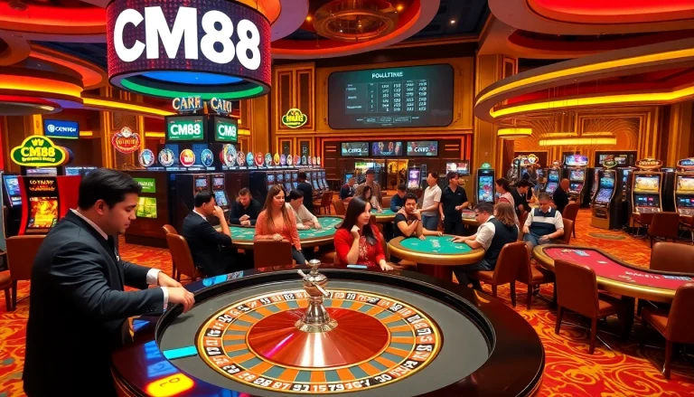 Players enjoying intense games at CM88 casino with vibrant roulette and poker tables.