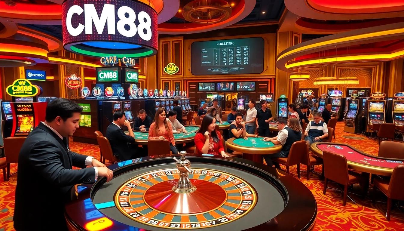 Players enjoying intense games at CM88 casino with vibrant roulette and poker tables.