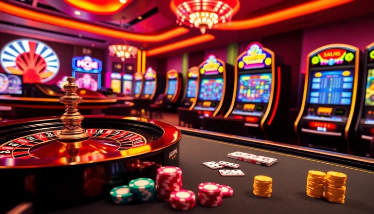 Exciting casino scene at KJC AC 2 featuring roulette, poker, and slot machines.