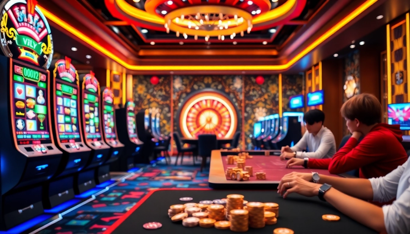 Experience the excitement of RR88 Game with vibrant casino visuals featuring slot machines and betting tables.