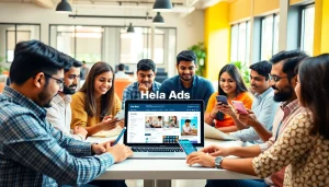 Engaged users exploring Hela Ads on mobile and laptops in a modern workspace.