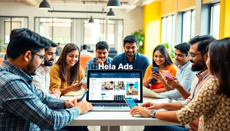 Engaged users exploring Hela Ads on mobile and laptops in a modern workspace.