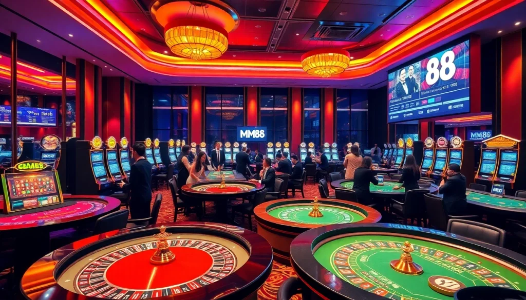 MM88 gaming experience with lively casino tables and professional players engaged in gambling.