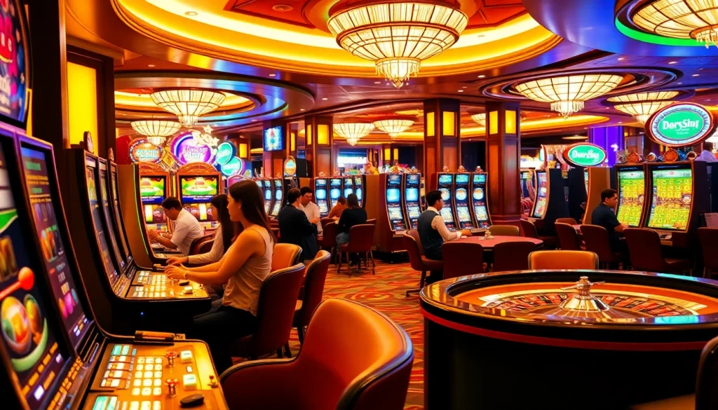 Situs Slot Gacor showcasing a vibrant casino scene with players enjoying upscale slot machines and poker tables.