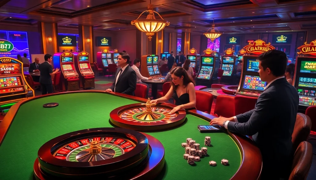 Exciting gambling experience at thabet77.sa.com with casino tables, slots, and vibrant players.