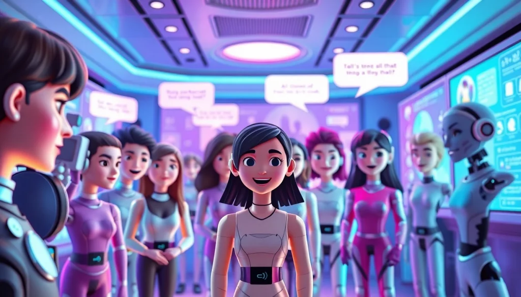 Dynamic interface showcasing characters engaging in free ai porn chat interactions with colorful speech bubbles.