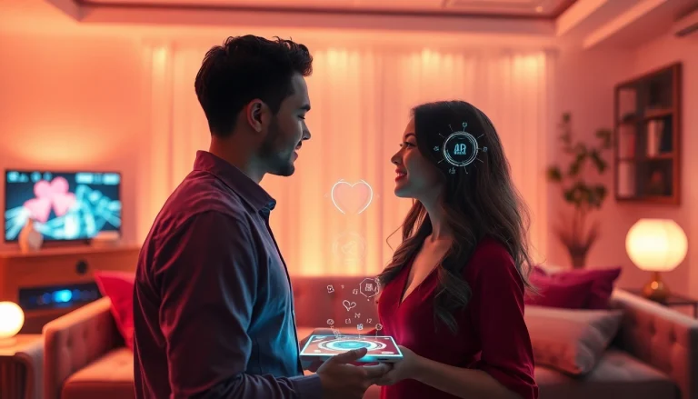 Couple interacting with a futuristic AI interface to enhance intimate relationships, showcasing sex ai technology.